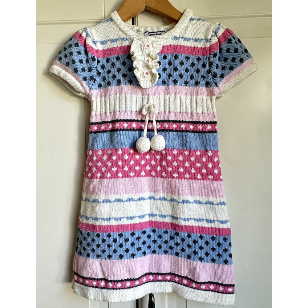 Hartstrings Sweater Dress Girls 3T Short Sleeve Pink Blue White Winter